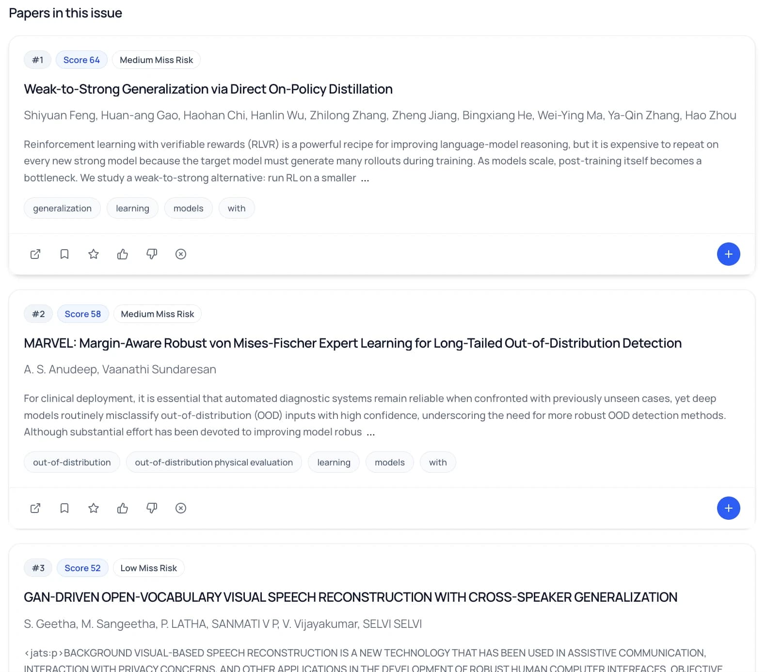 ResearchCast papers in this issue list with scores, miss risk, abstracts, and feedback controls