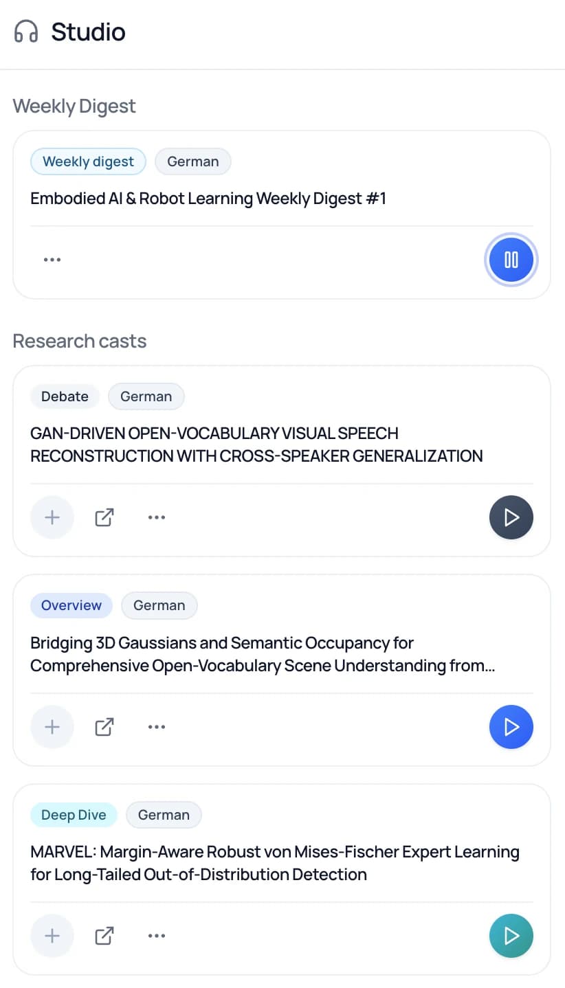 ResearchCast Studio panel with weekly digest and single-paper ResearchCasts